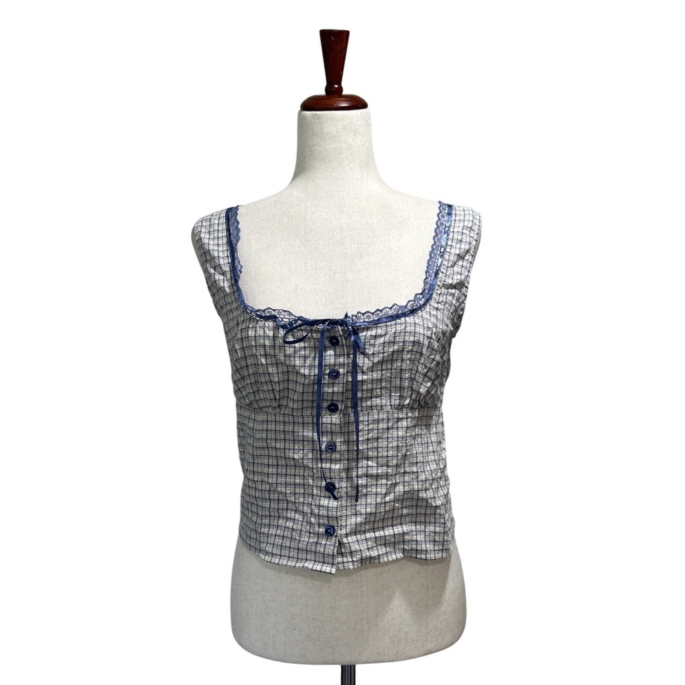 Pacsun Women's Top Medium Your Favorite Plaid Button Up Lace Trim Top Babydoll - Picture 3 of 12